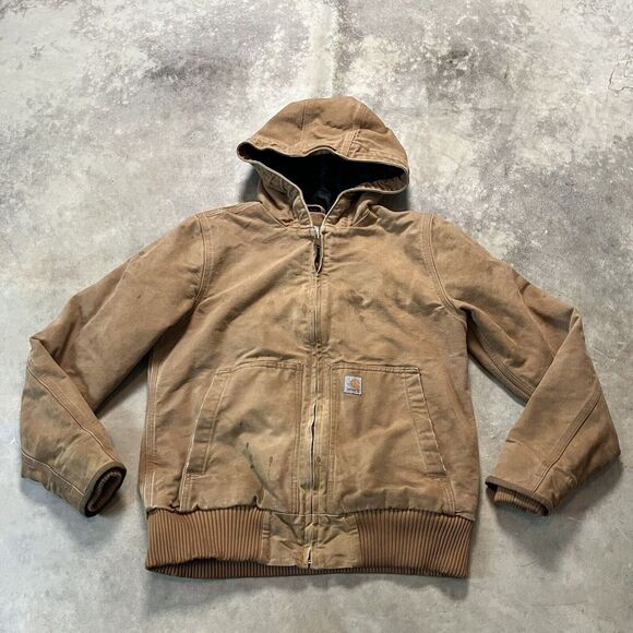 Carhartt Jacket Youth Boys Small 4-6 Tan Washed Duck Insulated Active Hooded - Picture 1 of 8